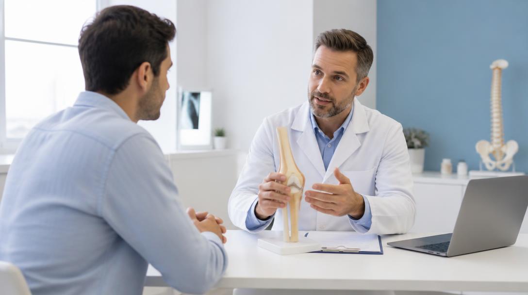 Consultório médico com profissional orientando paciente